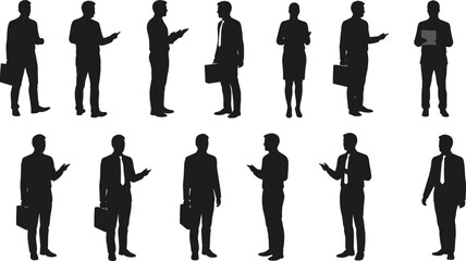 Business people silhouette, corporate team, professional attire, office workers, formal dress, business meeting, teamwork, communication, leadership, mobile device, interaction