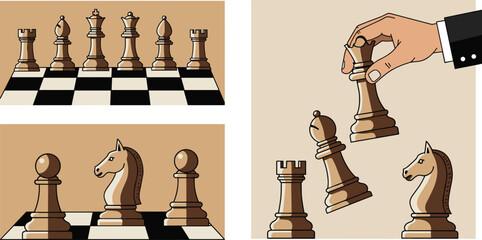 Chess pieces on board, strategic gameplay moment, dramatic checkmate scene, black and brown chess set, classic game, competition, intelligence, focus