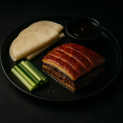 Chinese Peking Duck with Pancakes, Hoisin Sauce, and Fresh Cucumber Sticks on Black Plate