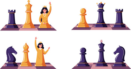 Chess queen illustration, cartoon chessboard scene, gold and black pieces, strategic concept art, stylized character, creative game design, royalty symbolism © Arafat World