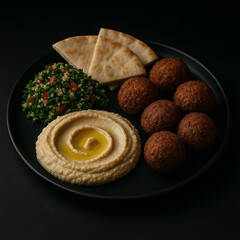 Mediterranean Falafel Platter with Hummus, Pita, and Tabouleh