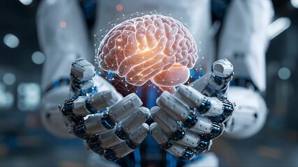 Humanoid robot holding glowing human brain model with connected neural network pattern. Concept of AI, machine learning and digital intelligence - Powered by Adobe