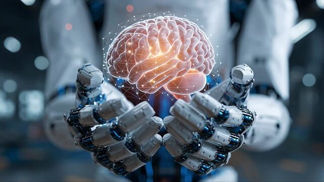 Humanoid robot holding glowing human brain model with connected neural network pattern. Concept of AI, machine learning and digital intelligence - Powered by Adobe
