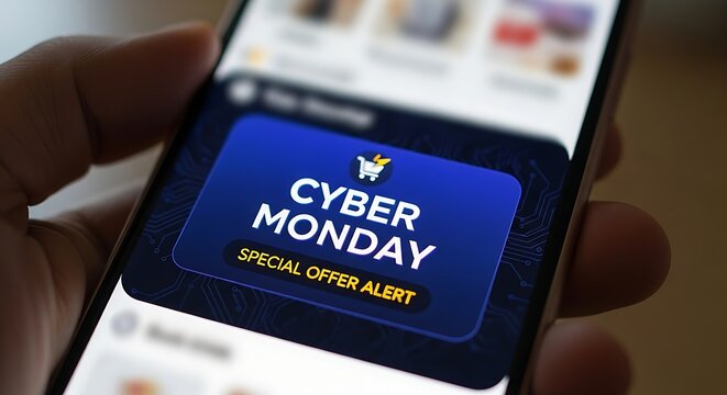 Smartphone displaying cyber monday promotion with special offer alert