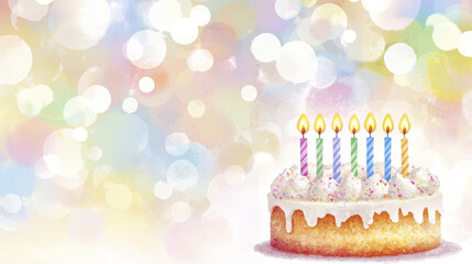 Delightful birthday cake with colorful candles and festive background creates joyful atmosphere