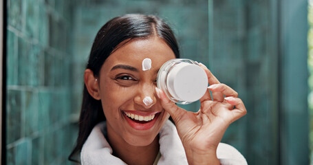 Beauty, lotion and portrait with woman in bathroom for skincare, retinol moisturizer and self care....