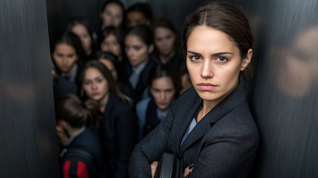 A determined young woman stands out in a crowded elevator, embodying confidence and resilience amid a tense atmosphere.