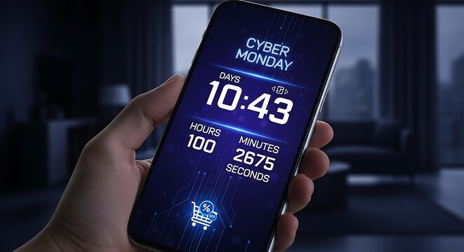 Smartphone displays cyber monday countdown timer for online shopping