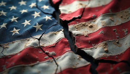 Cracked american flag symbolizes national division and political tension. A damaged US symbol reflects societal unrest and difficult challenges. Patriotism fractured, patriotism strife.