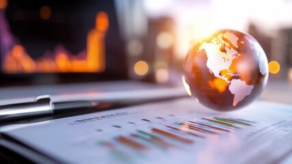 Global Data Analysis: A detailed shot of an open laptop displays a colorful stock graph, accompanied by a globe and pen, which epitomizes data analysis. - Powered by Adobe