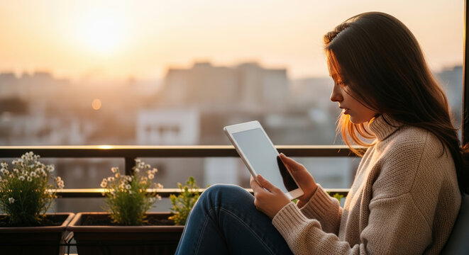 Woman using tablet on balcony at sunset - Powered by Adobe