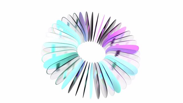 Neon glass discs with circular motion effect on black background 3d animation. Luminous transparent lenses, rotating ring crystal gradient plates. Data array, technology alpha channel prores video