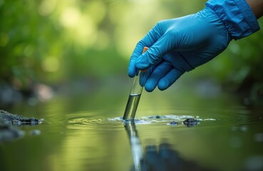 Hand in blue glove collects water sample in test tube from stream. Scientist tests liquid purity for ecology research. Nature analysis examines clean liquid.