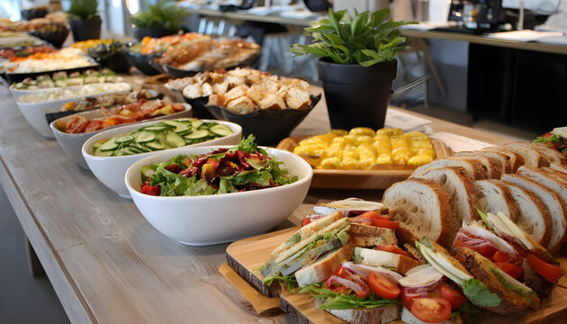 Corporate Lunch Catering : A professional, modern office lunch spread with sandwiches, salads, and finger foods