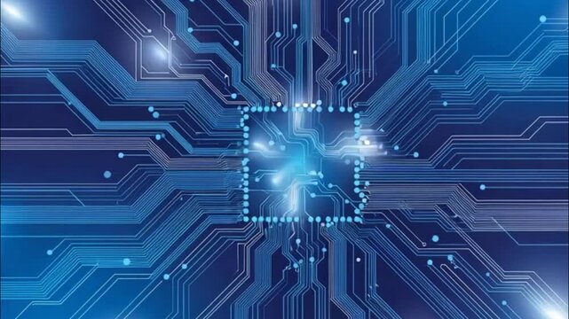  A vector illustration of abstract modern futuristic technology elements with glowing circuit patterns in blue and white on a dark blue  gradient background.
