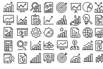 Naklejka premium Market Analysis Line Icons – 60 Unique Black & White Editable Outline Symbols