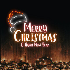 Merry christmas and happy new year neon sign with santa hat and string lights on wood background