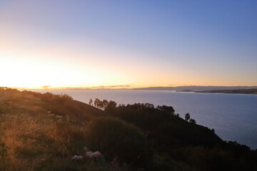 A peaceful view of Lake Titicaca from a hill near Calata, San Pablo de Tiquina, Bolivia