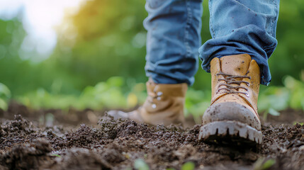 Fototapeta premium Gardener boots in muddy soil, showcasing determination and hard work in nature beauty