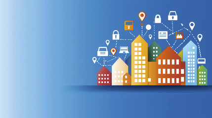 Colorful geometric cityscape featuring buildings connected by digital icons representing security and technology
