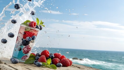 Berry water splash in glass with ocean background composition