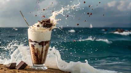 Chocolate milkshake splash with crashing ocean wave background