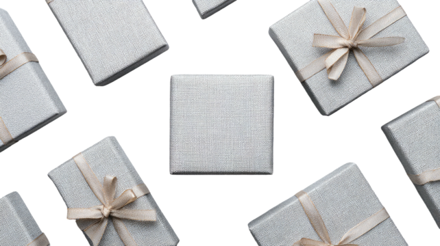 Gift boxes in silver wrapping and ribbons, on black