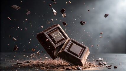 Chocolate break with cocoa powder explosion and flying fragments concept