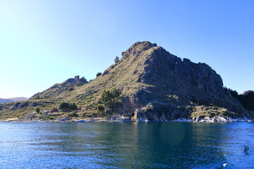 view to Copacabana at Lake Titicaca from a boat, Bolivia