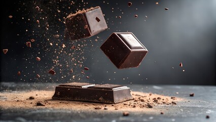 Dark chocolate splash with cocoa powder and flying fragments concept