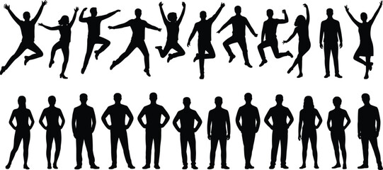 Silhouette people jumping dancing poses, static standing figures, human movement energy contrast, active lifestyle illustration, fitness exercise concept, teamwork posture design