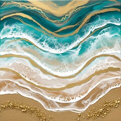 Abstract ocean wave composition with gold accents and beach texture