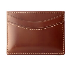 A brown leather card holder with white stitching detail