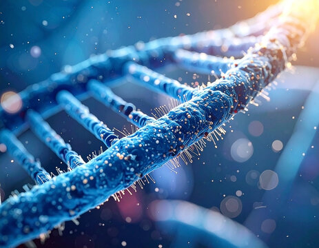 3D visualization showcasing complex deoxyribonucleic acid structure on blue backdrop