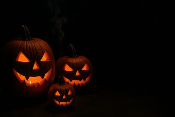 Three illuminated carved Halloween pumpkins glow eerily in the dark, with one emitting smoke, creating a classic spooky October night scene