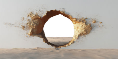 Breaching Reality: A dramatic perspective shot of a hole, revealing a vast and arid landscape, the edges of the opening jagged and torn, creating a dynamic visual narrative