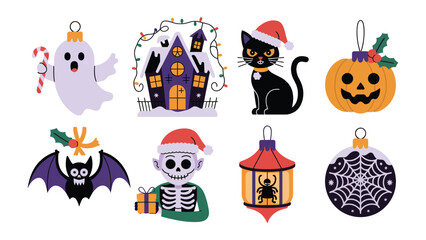 Festive Halloween & Christmas Ornaments: A vibrant collection of decorative ornaments featuring Halloween and Christmas symbols. 