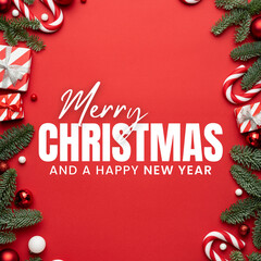 Merry christmas and happy new year text with gifts and candy canes on a red background holiday theme