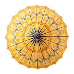 Overhead view of a yellow decorative umbrella on black background