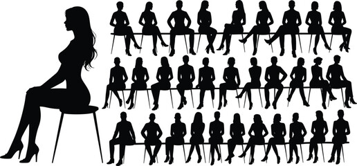 Silhouette woman large figure comparison, group seated people repetition, population hierarchy concept, proportion scale illustration, visual metaphor diversity