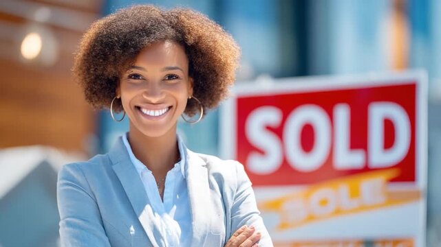 Smiling Real Estate Agent: A confident and smiling agent stands proudly in front of a SOLD sign, her joy reflecting the successful sale.