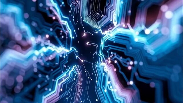  A vector illustration of abstract modern futuristic technology elements with glowing circuit patterns in blue and white on a dark blue  gradient background.
