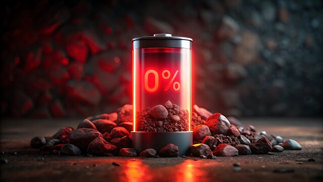 Empty battery symbol glowing red at zero percent surrounded by rocks