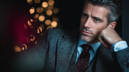 Thoughtful man in formalwear with festive holiday lights blurred in the background.