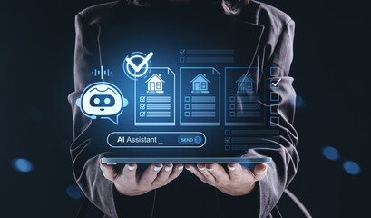 AI assistant interface concept displayed on digital tablet held by businesswoman in futuristic...