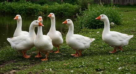 Obraz premium A group of white geese standing on green grass near a pond with lush foliage in the background.