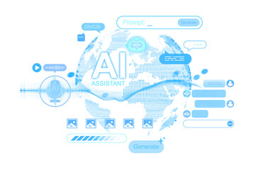 Futuristic AI assistant interface design with digital globe and chat icons on white blur background representing global communication concept. 3D Rendering