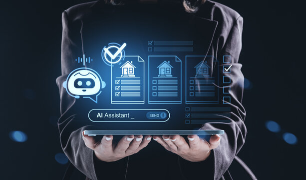 AI assistant interface concept displayed on digital tablet held by businesswoman in futuristic technology environment with glowing blue HUD elements. - Powered by Adobe
