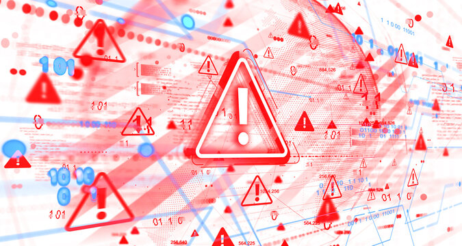 Cybersecurity system alert with red warning icons and binary code over white blurred background indicating virus attack or hacked internet concept sketch. 3D Rendering