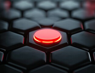 Fototapeta premium A close-up of an illuminated red button in the center, surrounded by black squares arranged in an octagonal pattern.